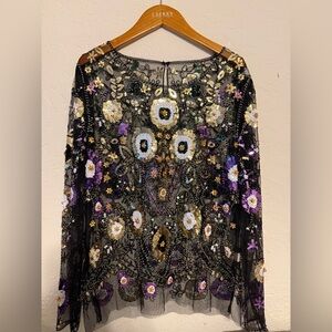 Black Floral Embellished Sequin Women's Top